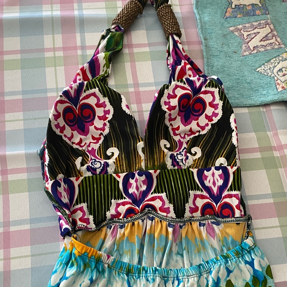 Multi-Color Maxi Dress with Blue, Green & Pink Pattern - Picture 5 of 8